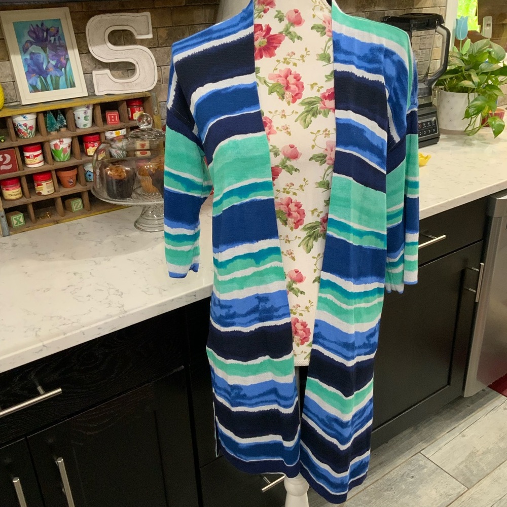 Chico's Striped Open-Front Cardigan in Blue, Teal, Navy